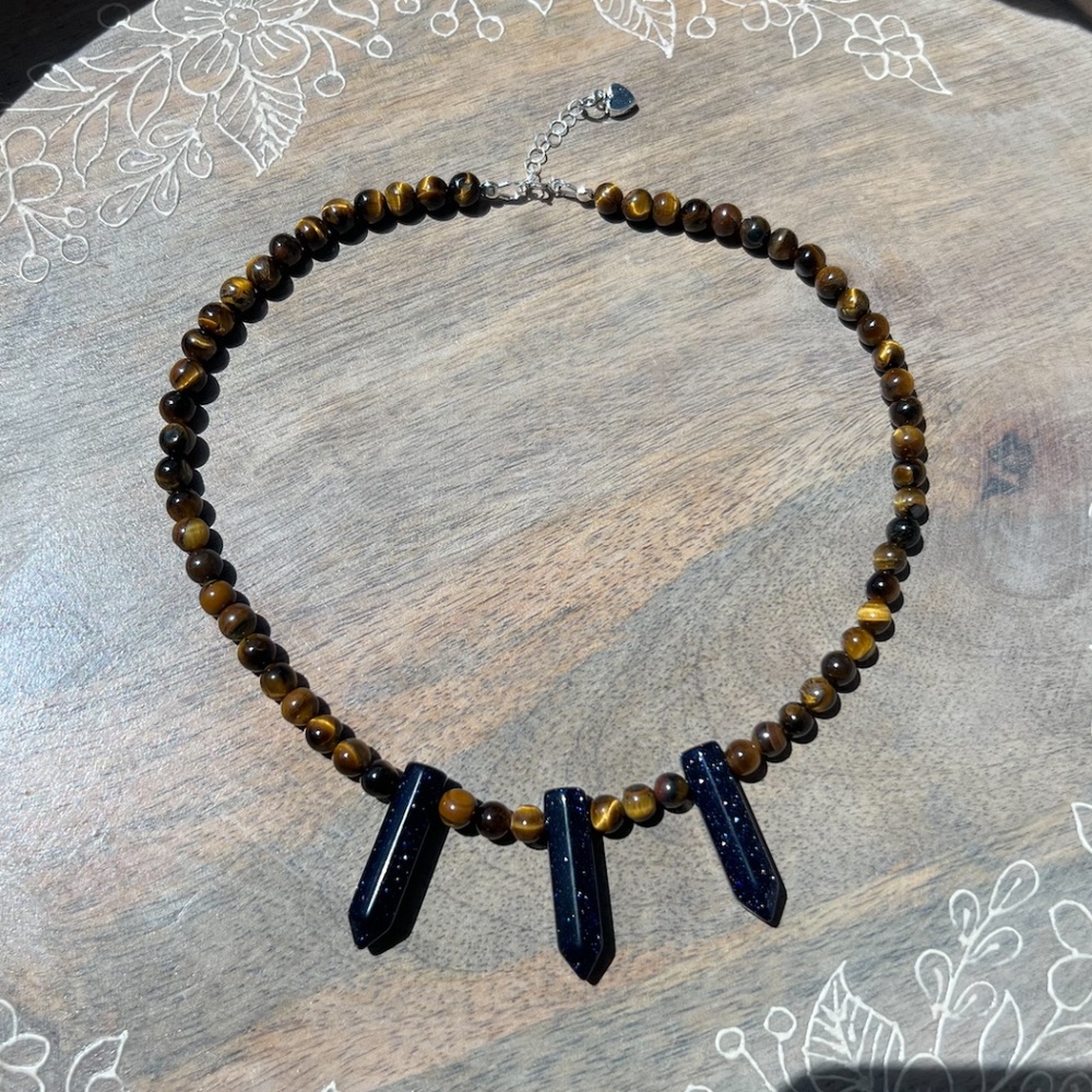 Tigers Eye & Blue Sunstone Point Sterling Silver Necklace